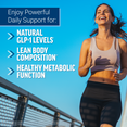 Woman running outdoors with text showing supplement supports natural GLP-1 levels, lean body composition, and healthy metabolic function