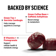 Green tea, garcinia cambogia, green coffee bean, and B vitamins highlighted for managing appetite and boosting energy.