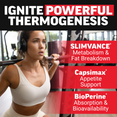 Woman squatting with barbell under Ignite Thermogenesis banner highlighting Slimvance, Capsimax, and BioPerine.