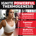 Woman lifting weights in gym, promoting SLIMVANCE, Capsimax, and BioPerine supplements for thermogenesis and metabolism.