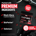 Black Maca Gummies bottle with callouts for premium ingredients, BioPerine, selenium, and black maca sourced from Peru