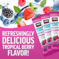 Showcases tropical berry flavor hydration mix with vibrant fruit imagery.