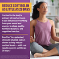 Woman meditating with text explaining EverZen reduces cortisol in as little as 28 days
