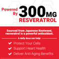 Red and white graphic highlighting 300mg resveratrol benefits for cell protection, heart health, and anti-aging support.