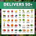 Grid of 40 fruit, vegetable, and superfood ingredients including acai, kale, turmeric, and spirulina in Fruits & Veggies supplement
