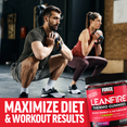 Man and woman exercising with weights, bottle of LeanFire Thermo Gummies in foreground, promoting diet and workout results.