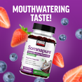 Somnapure melatonin gummies bottle on purple background with strawberries, blueberries, and “Mouthwatering taste!” text.