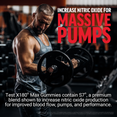 Man lifting barbell in gym with text highlighting S7 blend in Test X180 Max Gummies for increased nitric oxide and massive pumps.
