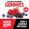 Mixed berry gummies with fresh fruit, mixed berry flavor callout, and 2 gummies once daily dosing
