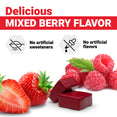 Strawberries and raspberries beside text promoting mixed berry flavor with no artificial sweeteners or flavors.