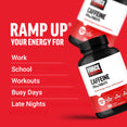 Force Factor Caffeine bottle with benefits for energy at work, school, workouts, busy days, and late nights on red background