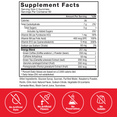 Supplement facts label for gummies, detailing calories, nutrients, and ingredients, with "No Artificial Dyes, Flavors, Preservatives, Gelatin" icons.