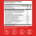 Supplement facts for a dietary supplement featuring key nutrients and proprietary blends for energy and weight loss.