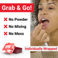 Woman eating Force Factor soft chew with “Grab & Go” benefits—no powder, no mixing, no mess.