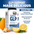 Force Factor Super GLP-1 Support bottle in lemon citrus flavor highlighting sugar free, refreshing flavor, ultra-convenient, and individually wrapped
