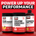 Three Force Factor supplements: EAA Powder, Creatine Monohydrate Powder, and L-Carnitine Liquid against a bold red background.