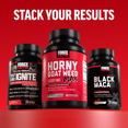 Three Force Factor supplement bottles labeled "Test X10 Ignite," "Horny Goat Weed Max," and "Black Maca" against a red background.