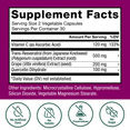Ultra Resveratrol supplement facts panel with no artificial dyes, no gelatin, no preservatives, no sugar icons
