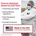 Force Factor team member in lab coat and mask with callouts for third-party testing, transparent formula, and U.S. manufacturing.