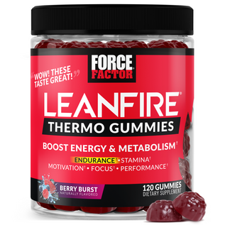 LeanFire thermo gummies bottle featuring berry burst flavor; promotes energy, metabolism, endurance, focus, and performance.