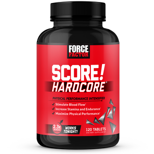 Score! Hardcore supplement bottle promoting physical performance, with a red and black design and bold text on the label.