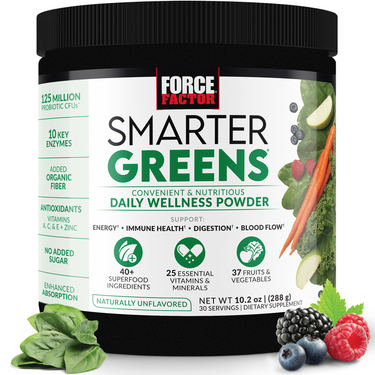 Force Factor Smarter Greens Daily Wellness Powder with 40+ superfoods, 25 essential vitamins, and 37 fruits and vegetables.