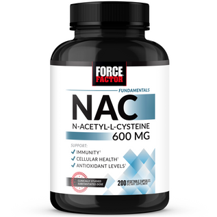 Force Factor NAC supplement bottle with 600mg of N-Acetyl-L-Cysteine per serving, supporting immunity, cellular health, and antioxidant levels.