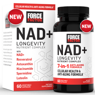 Force Factor NAD+ packaging highlighting cellular health and anti-aging benefits with a 7-in-1 nutrient complex.