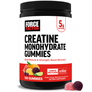 Creatine Monohydrate Gummies container, promotes muscle building, strength, and recovery, with assorted fruit flavors.