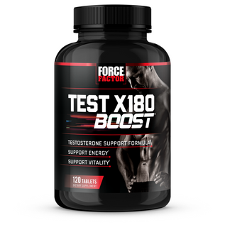 Test X180 Boost bottle promoting testosterone support, energy, and vitality.