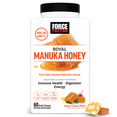 Royal Manuka Honey bottle with honeycomb, soft chews, and health benefits listed.