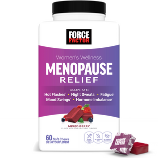 Bottle of Force Factor Menopause Relief with soft chews and listed benefits for menopause symptoms.
