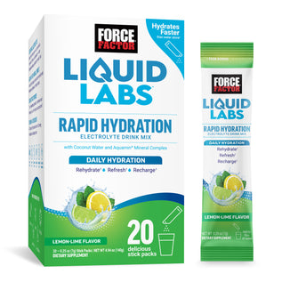 Rapid hydration electrolyte drink mix by Force Factor, featuring a box of 20 lemon-lime flavor packets.
