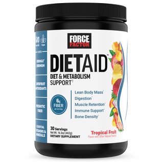 Close-up of DietAid bottle promoting diet and metabolism support, emphasizing lean body mass, digestion, and immune benefits.