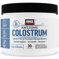 Close-up of the Force Factor Awesome Colostrum container, showcasing grass-fed bovine colostrum with IgG antibodies for immunity and gut health.