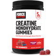 Creatine monohydrate gummies in a black jar labeled Force Factor; promotes muscle strength and recovery, 150 gummies.