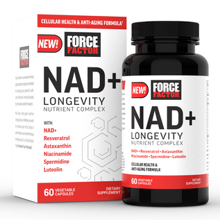 NAD+ Longevity Nutrient Complex bottle and box promoting cellular health and anti-aging formula with 60 vegetable capsules.