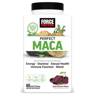 Force Factor Perfect Maca soft chews support energy, stamina, sexual health, immune function, and mood, with dark cherry flavor.