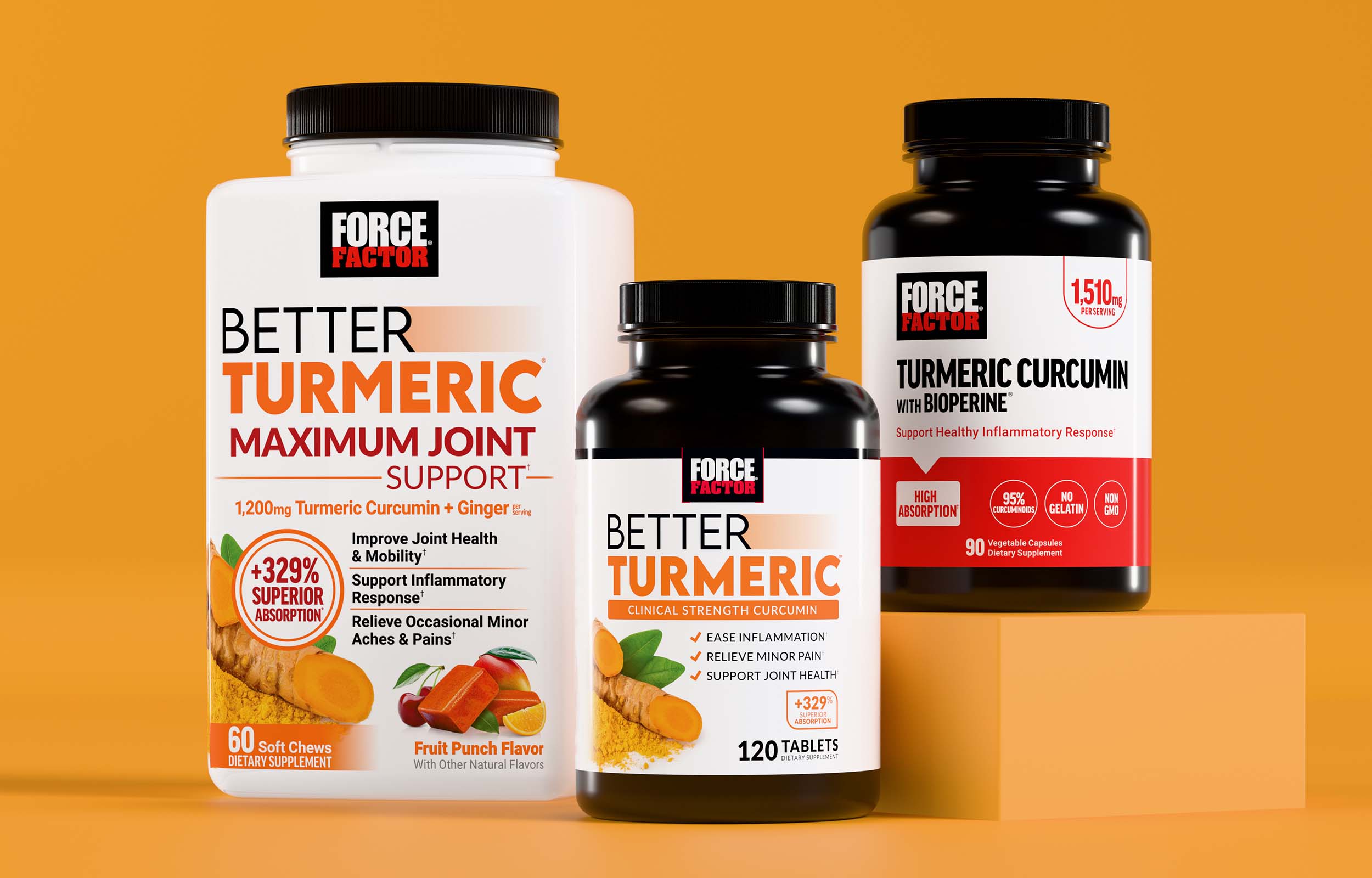 Force Factor supplements for bone and joint support, featuring soft chews, tablets, and capsules with high absorption and anti-inflammatory benefits.
