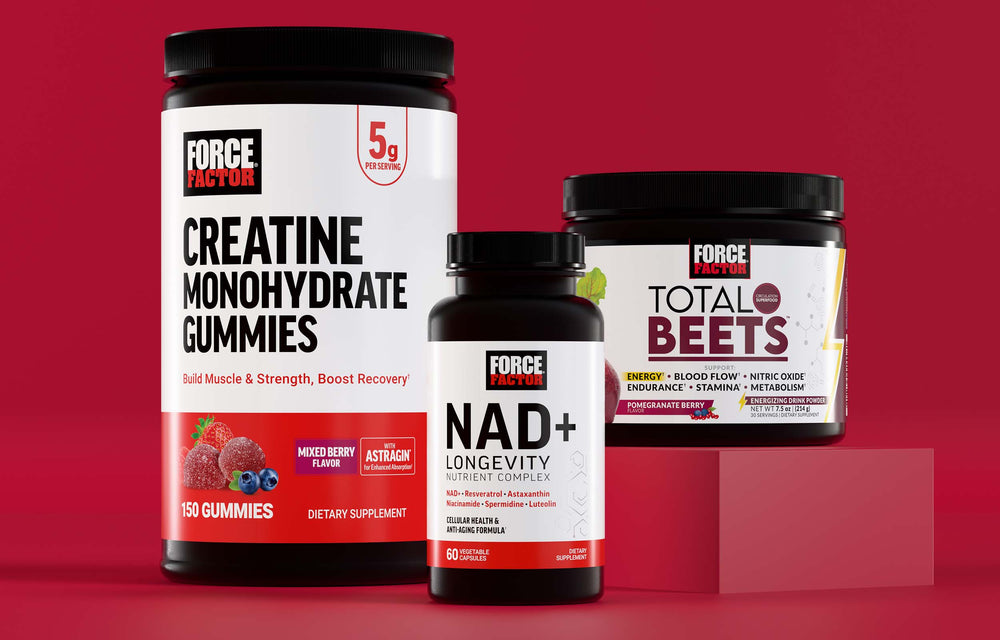 Force Factor supplements for energy and performance featuring creatine gummies, NAD+ longevity complex, and Total Beets powder.