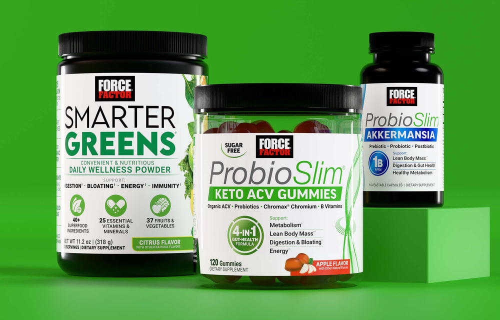 Force Factor supplements for gut health featuring Smarter Greens powder, ProbioSlim Keto ACV Gummies, and ProbioSlim Akkermansia capsules.