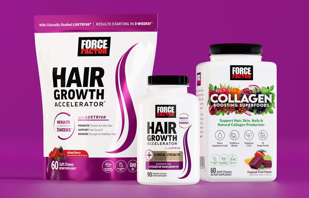 Force Factor supplements for hair and beauty featuring Hair Growth Accelerator with Lustriva and Total Beets for circulation support.