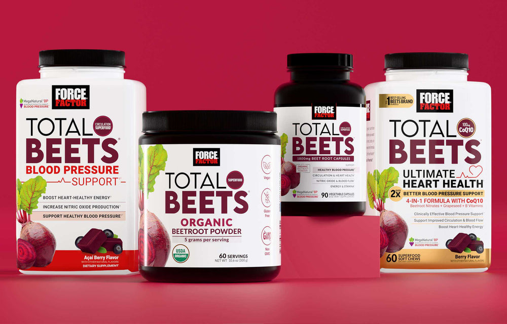 Force Factor Total Beets supplements promoting heart health, blood pressure support, and energy with beetroot and CoQ10 formulas.