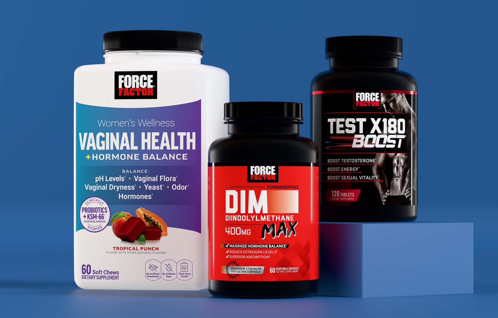 Force Factor supplements for hormone health featuring Vaginal Health + Hormone Balance, DIM Max, and Test X180 Boost for vitality.