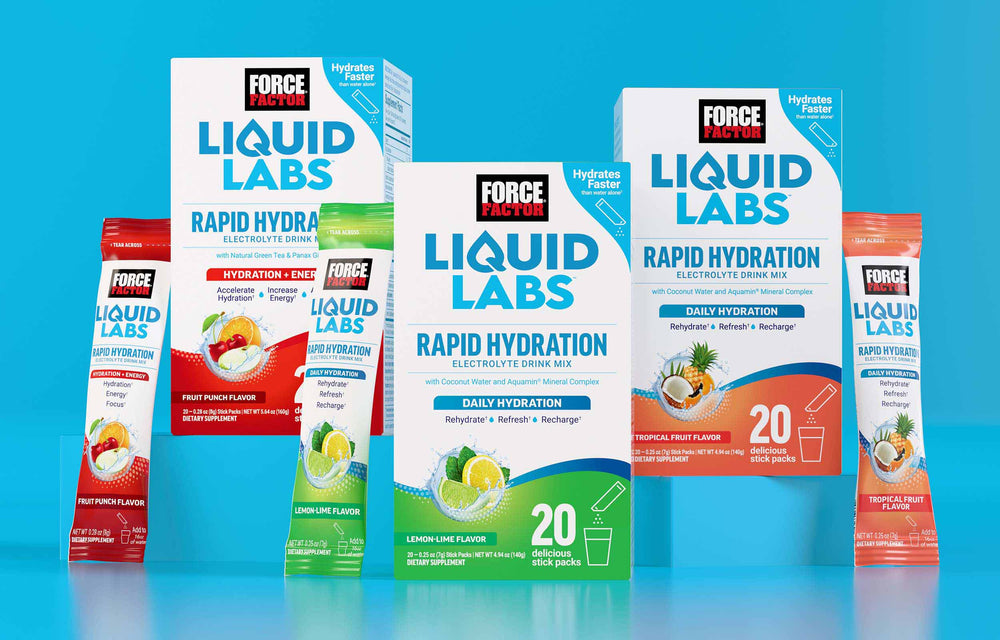 Force Factor Liquid Labs Rapid Hydration electrolyte drink mixes in tropical fruit, lemon-lime, and fruit punch flavors for daily hydration.