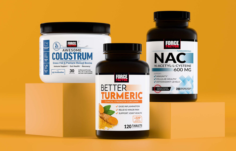Force Factor immune health supplements featuring Awesome Colostrum, Better Turmeric, and NAC for gut, joint, and antioxidant support.