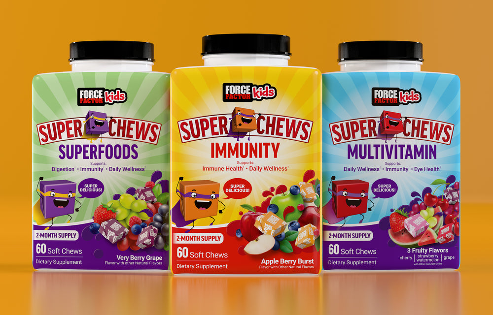 Force Factor Kids SuperChews in Superfoods, Immunity, and Multivitamin varieties for digestion, wellness, and immune health support.