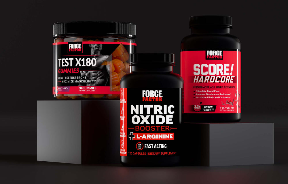 Force Factor men’s health supplements including Test X180 Gummies, Nitric Oxide Booster, and Score! Hardcore for performance and vitality.