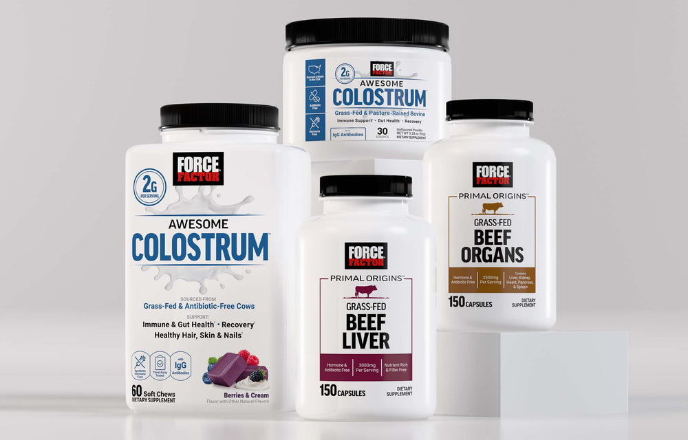 Force Factor Primal Origins supplements including Colostrum, Beef Liver, and Beef Organs for immune, gut, and whole-body health support.