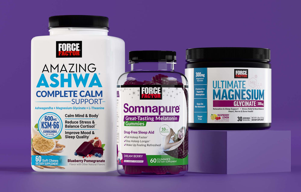 Force Factor supplements for sleep and relaxation, including Amazing Ashwa, Somnapure Melatonin Gummies, and Ultimate Magnesium Glycinate.